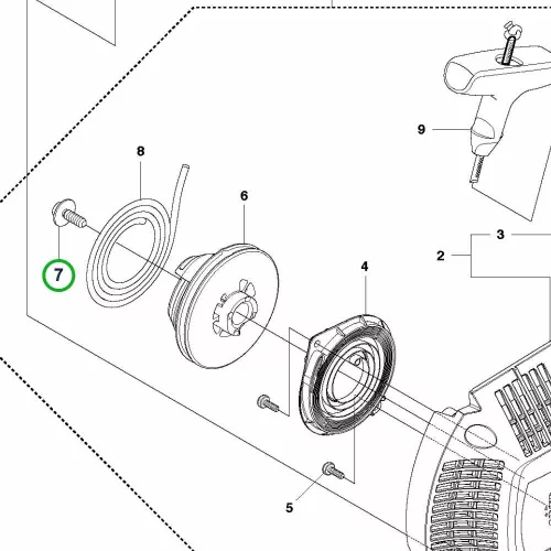 Husqvarna indítóház csavar 440 II, 445 II, 450 II láncfűrészhez robbantott ábra