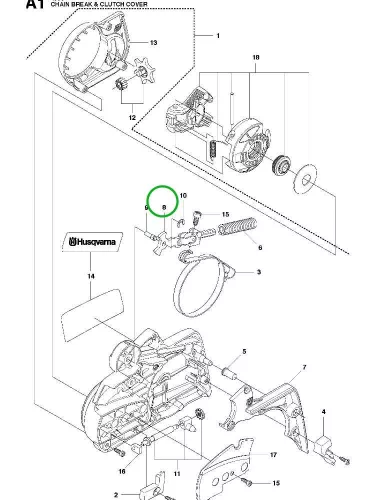 Husqvarna fékkilincs komplett 435 II, 440 II, 445 II láncfűrészhez robbantott ábra