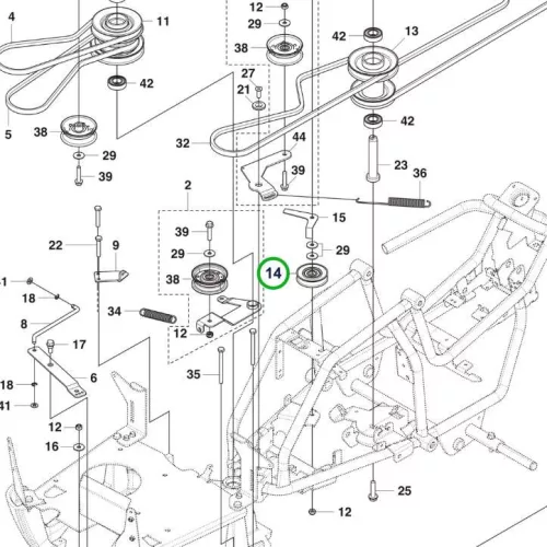Husqvarna szíjfeszítő görgő komplett hajtómű R 112C, R 214TC riderhez robbantott ábra