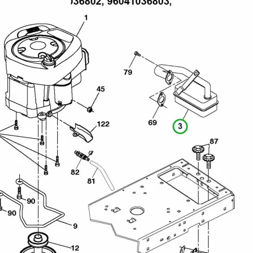 Husqvarna kipufogódob Briggs 14 HP TC 138, TS 138 fűnyírótraktorhoz robbantott ábra