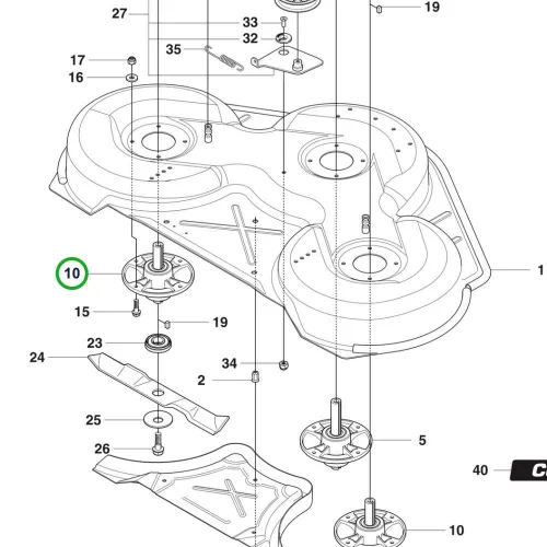 Husqvarna késtengely ház egység 106,5 mm R 214TC, R 316T riderhez robbantott ábra