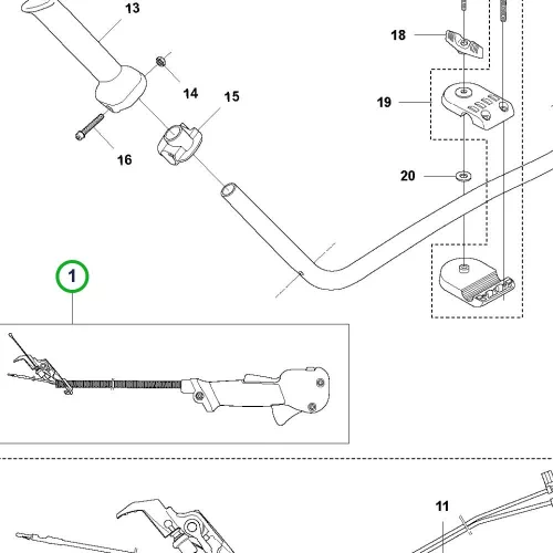 Husqvarna gázkar markolat hosszú kábelezéssel 545RX, 545RXT fűkaszához robbantott ábra