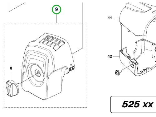 Husqvarna légszűrőfedél komplett 525LK, 525RX fűkaszához robbantott ábra