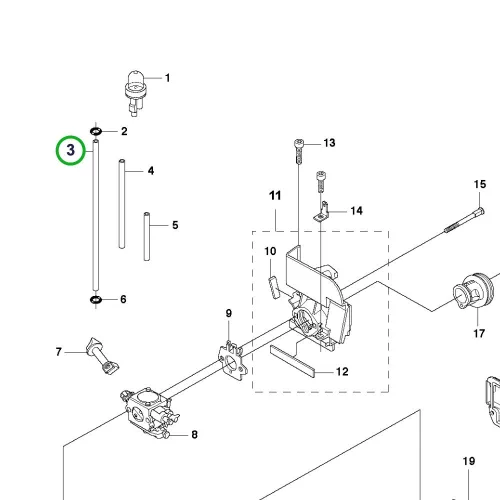Husqvarna karburátor benzincső 160 mm 345FX, 343R fűkaszához robbantott ábra