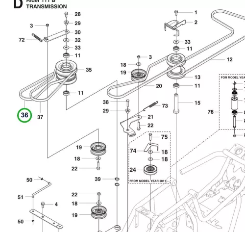 Husqvarna hajtószíj 838 mm sebességváltó R 111B riderhez robbantott ábra