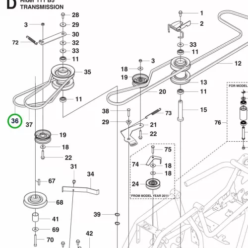 Husqvarna hajtószíj 819 mm sebességváltó R 111B5 riderhez robbantott ábra