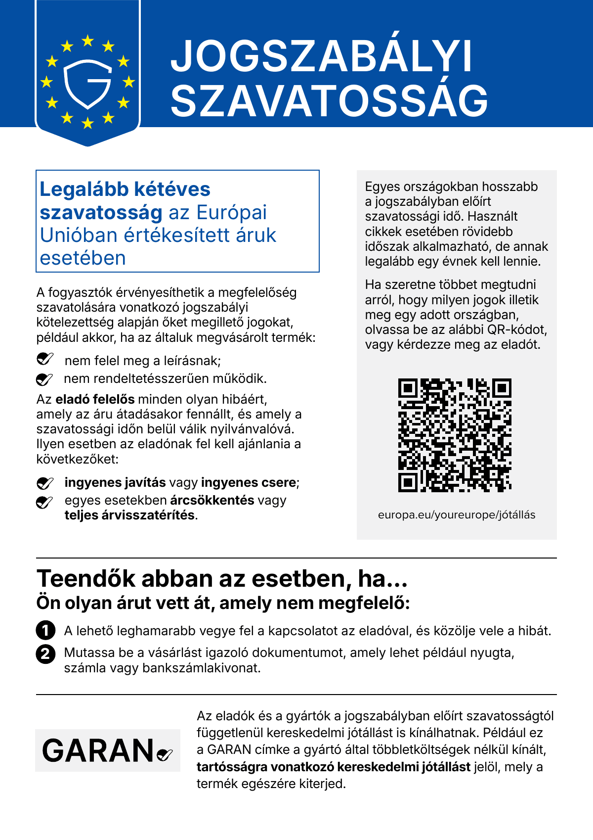 Jogszabályi szavatosság – az Európai Unió egységes tájékoztatója, hivatalos magyar változat